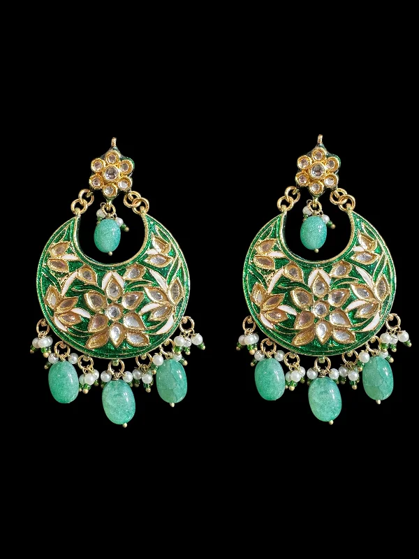 oval earrings for women-Kundan meena earrings - Green ( READY TO SHIP )