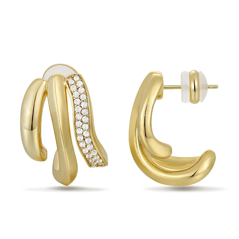 zircon earrings for women-14K Gold Plated Cubic Zirconia Triple Open Hoops C Shape Wrap Earrings