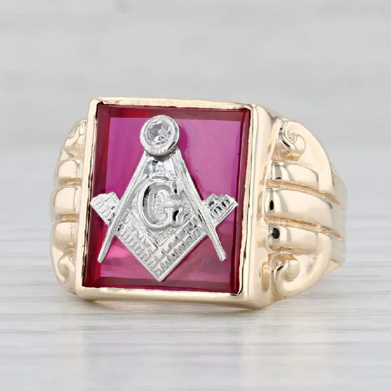 simple engagement rings for women-Masonic Signet Ring 10k Gold Lab Created Ruby Diamond Blue Lodge Square Compass