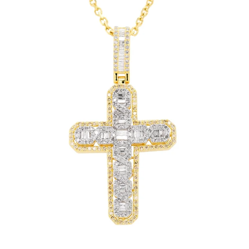 layered necklaces for women-YELLOW GOLD CROSS CHARM WITH DIAMONDS, 2.15 CT TW