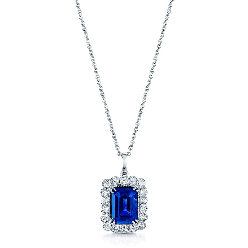 gold necklaces for women-18ct White Gold Emerald Cut Sapphire & Diamond Cluster Pendant