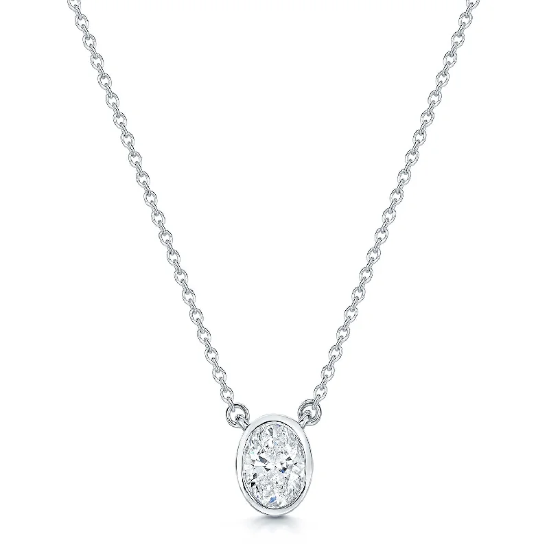 engraved necklaces for women-18ct White Gold Oval Cut Diamond 0.80ct Rub Over Pendant