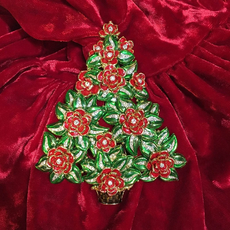 bird-shaped brooches for women-Large Christmas Tree brooch by Cristobal London Enamel Crystal