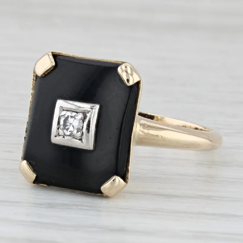 affordable wedding engagement rings for women-Vintage Onyx Diamond Signet Ring 14k Yellow Gold Size 8