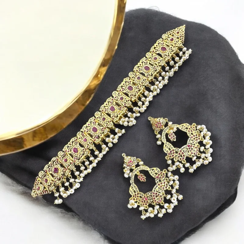 luxury diamond earrings for women-C542 Nishat fresh water pearl choker with earrings -RUBY  ( READY TO SHIP )