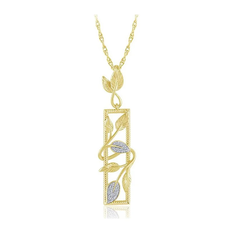 sun necklaces for women-YELLOW GOLD RECTANGLE PENDANT WITH LEAVES AND DIAMONDS, 1/8 CT TW