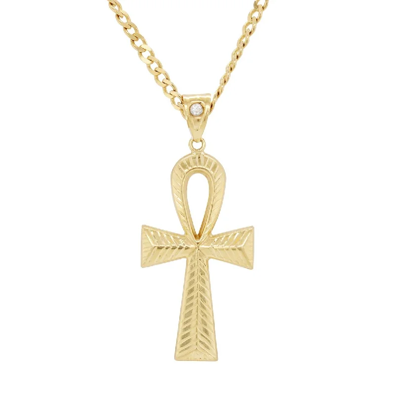 personalized bar necklaces for women-YELLOW GOLD ANKH CHARM WITH CUBIC ZIRCONIA