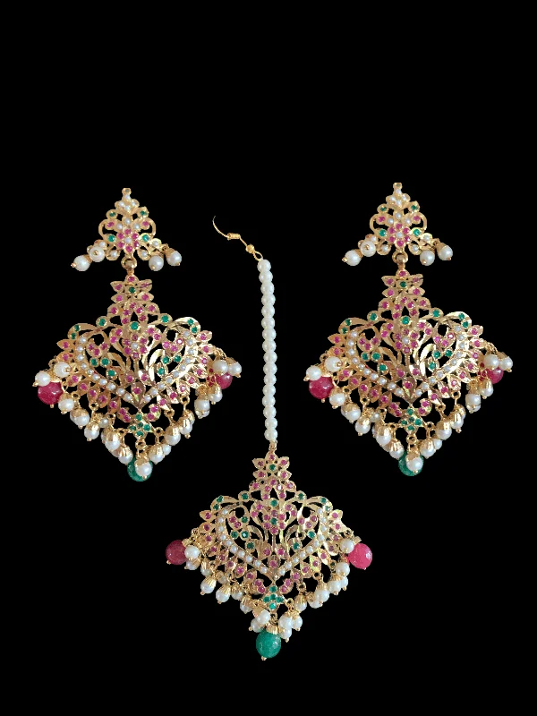 dangling gemstone earrings for women-Afreen Ruby emerald earrings tika (SHIPS IN 3 WEEKS  )