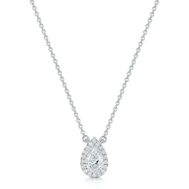 custom heart necklaces for women-18ct White Gold Pear Cut Diamond 0.80ct Rub Over Halo Pendant