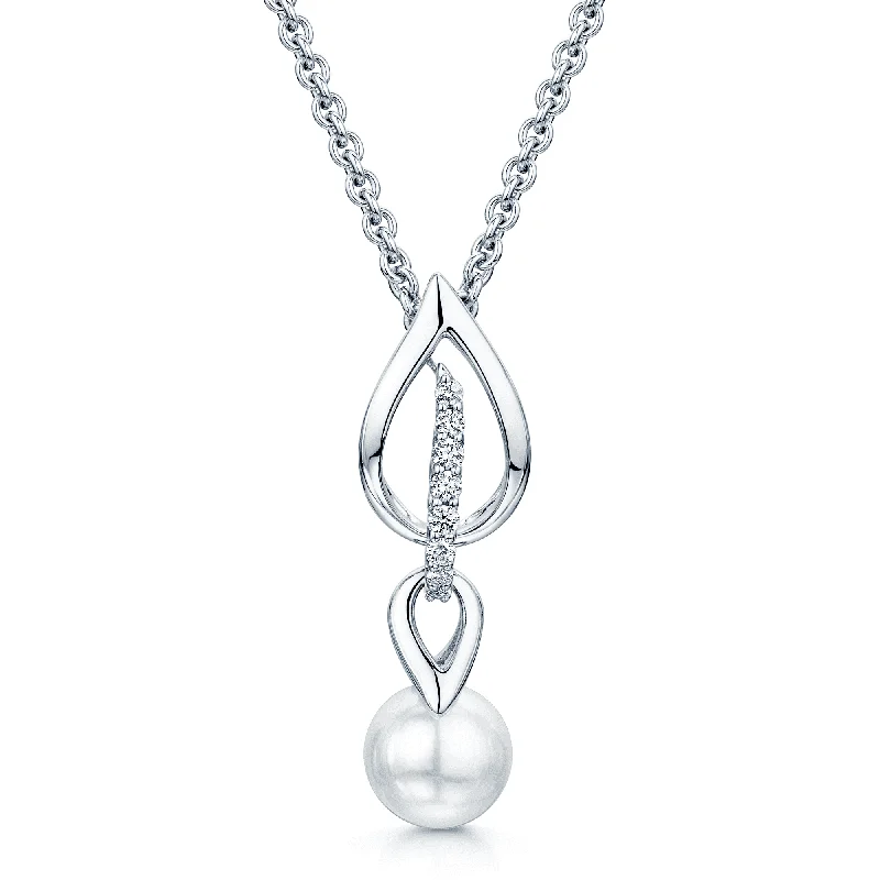 diamond pendant necklaces for women-18ct White Gold Akoya Pearl & Diamond Laurel Pendant