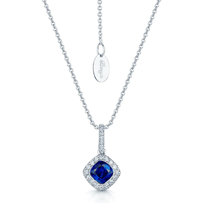 vintage necklaces for women-18ct White Gold Square Sapphire And Diamond Offset Cluster Pendant With A Diamond Bale