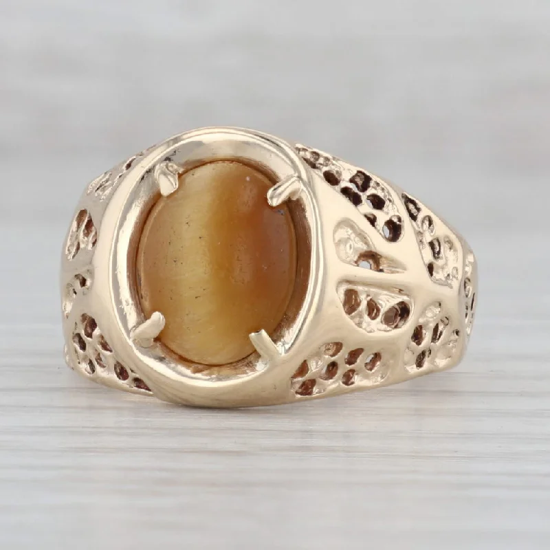 vintage engagement rings for women-Men’s Tiger’s Eye Ring 10k Yellow Gold Size 10 Pierced Band