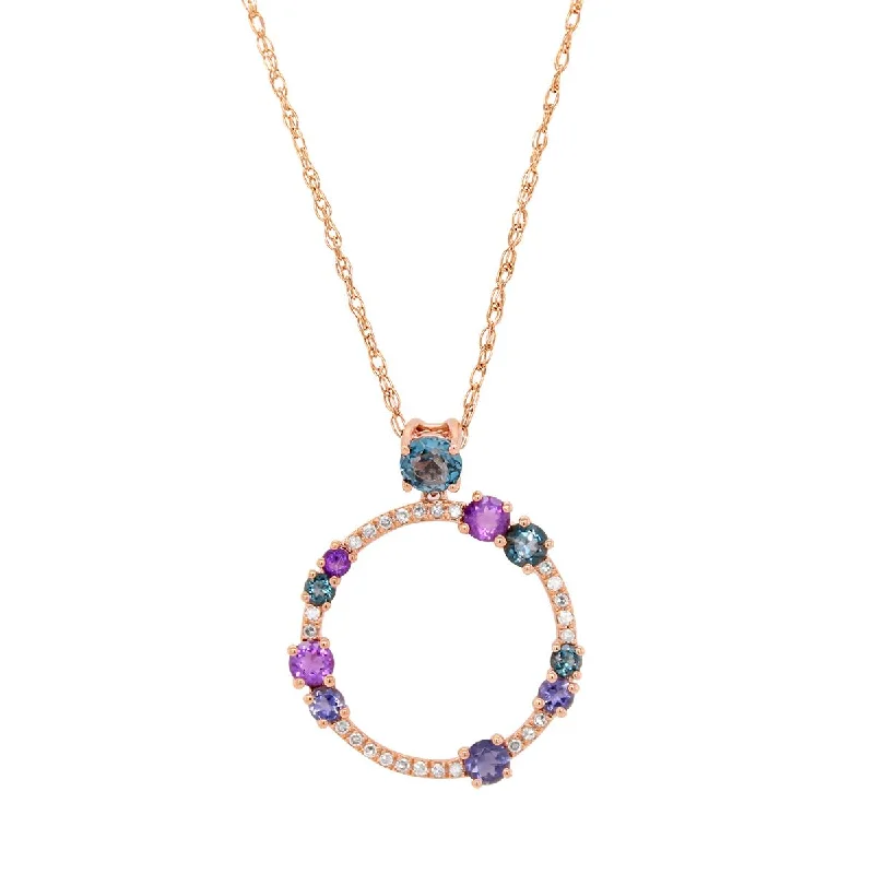 minimalist necklaces for women-ROSE GOLD CIRCLE PENDANT WITH MULTICOLORED GEMS AND DIAMONDS, .10 CT TW