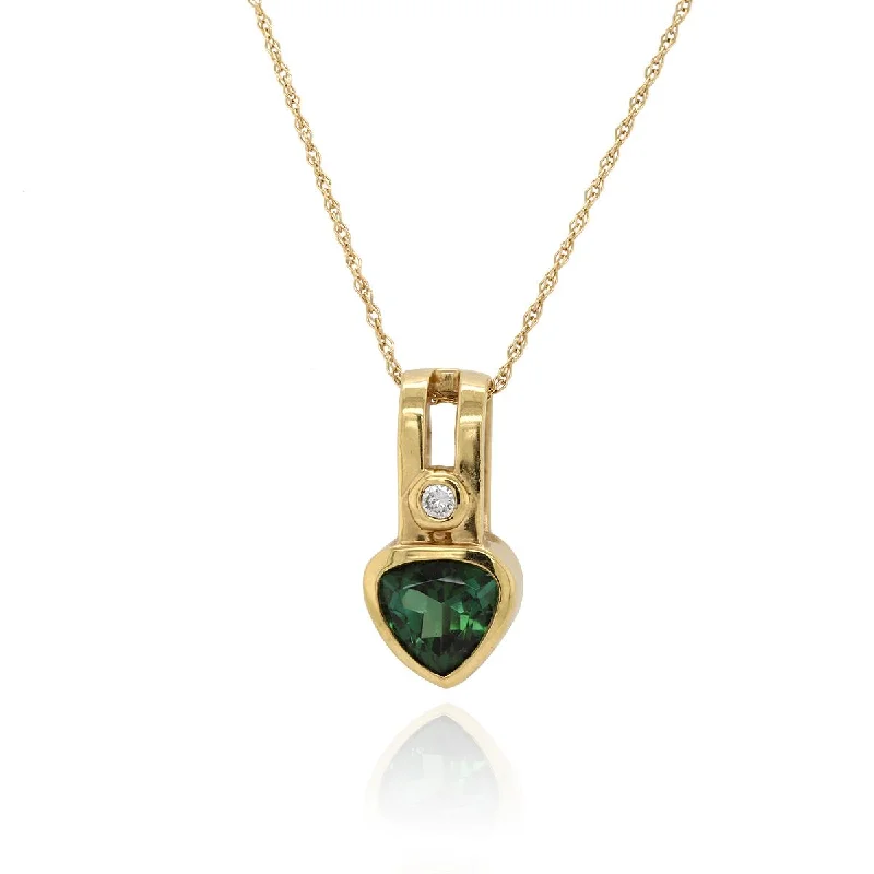 art deco necklaces for women-YELLOW GOLD PENDANT WITH 1.72 CT TRIANGLE SHAPED GREEN TOURMALINE AND ROUND DIAMOND, .09 CT