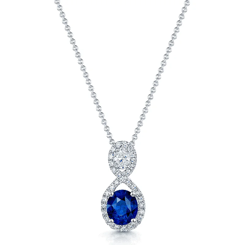 friendship necklaces for women-18ct White Gold Oval Sapphire & Diamond Figure of Eight Pendant