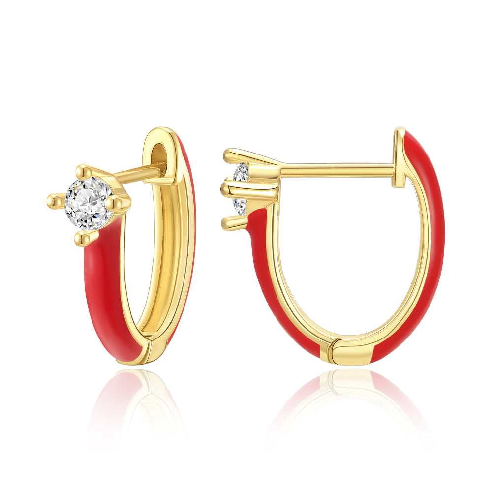 adjustable gold earrings for women-Gold Huggie Enamel Earrings Colorful Small Hoop Cuff Earrings-Red