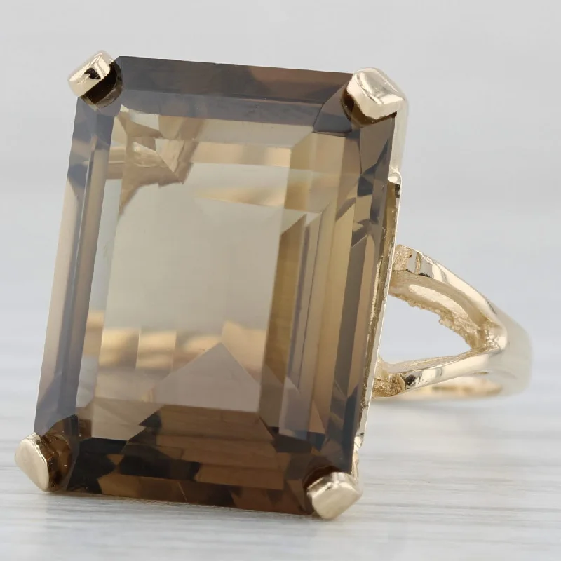 black diamond engagement rings for women-19ct Smoky Quartz Emerald Cut Solitaire Ring 14k Yellow Gold Size 7.5