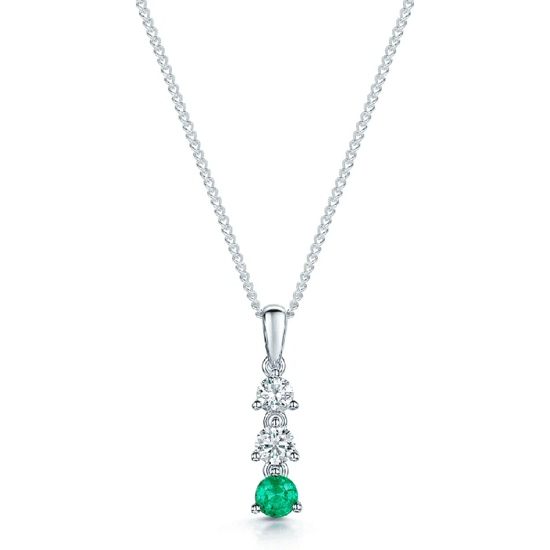 minimalist silver necklaces for women-18ct White Gold Round Emerald & Round Brilliant Cut Diamond Three Stone Pendant