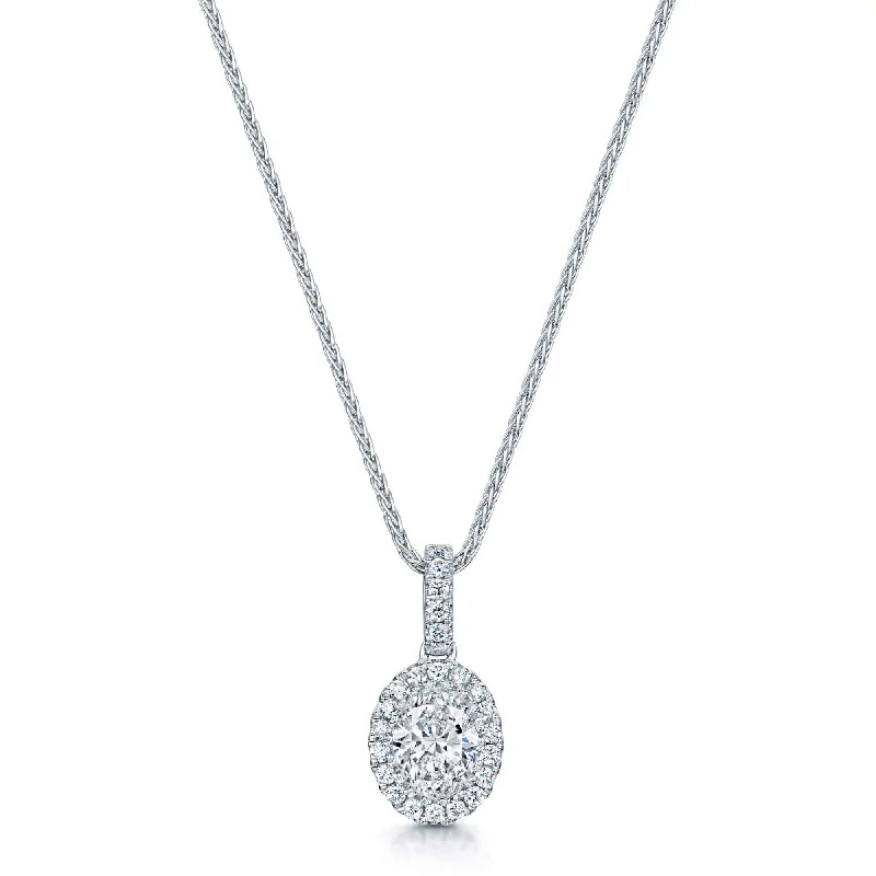 heart-shaped necklaces for women-18ct White Gold Oval GIA Certificated Single Stone Diamond Halo Pendant With Diamond Bale