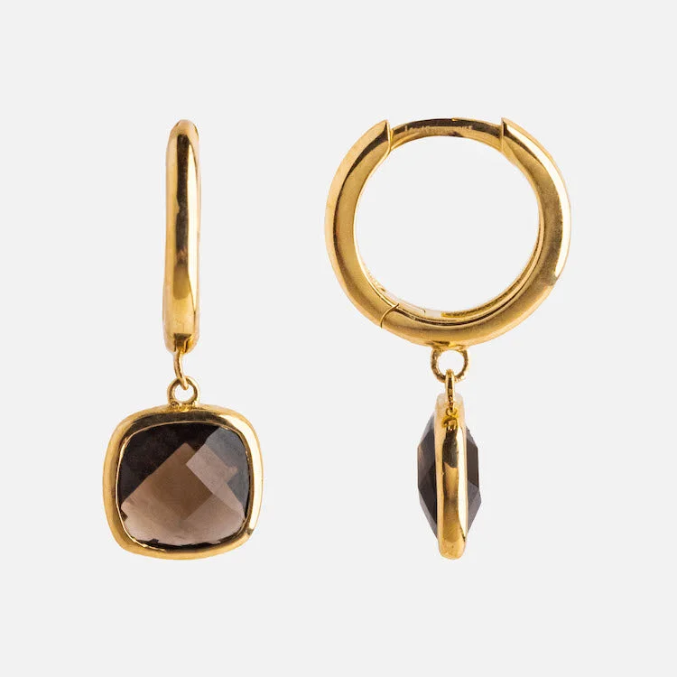 animal-shaped earrings for women-Solid Gold Smoky Quartz Charm Huggies for Grounding