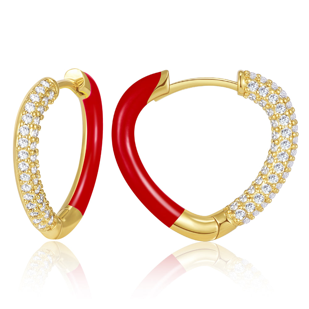 heart-shaped earrings for women-Red Enamel Heart-shaped Huggie Hoop Earrings