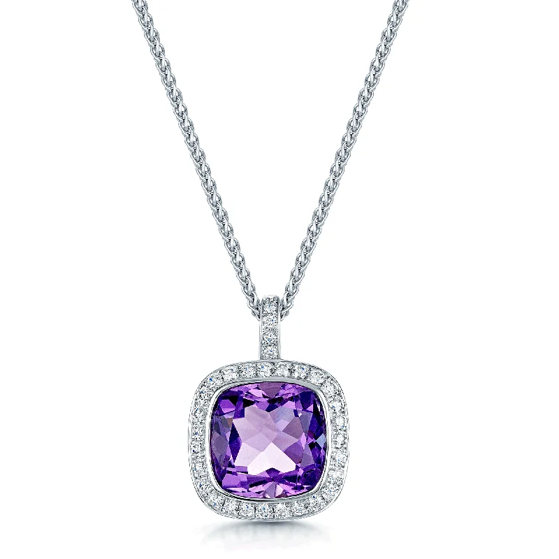 infinity symbol necklaces for women-18ct White Gold Cushion Shape Amethyst Pendant with Diamond Halo