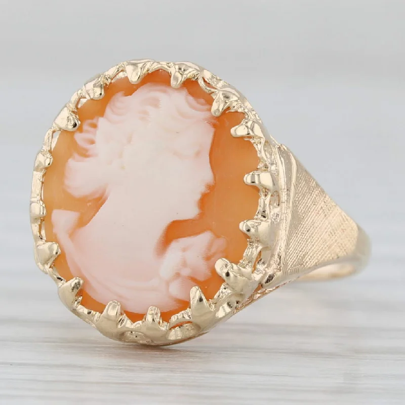 engagement rings with zirconia for women-Vintage Carved Figural Shell Cameo Ring 14k Yellow Gold Size 5