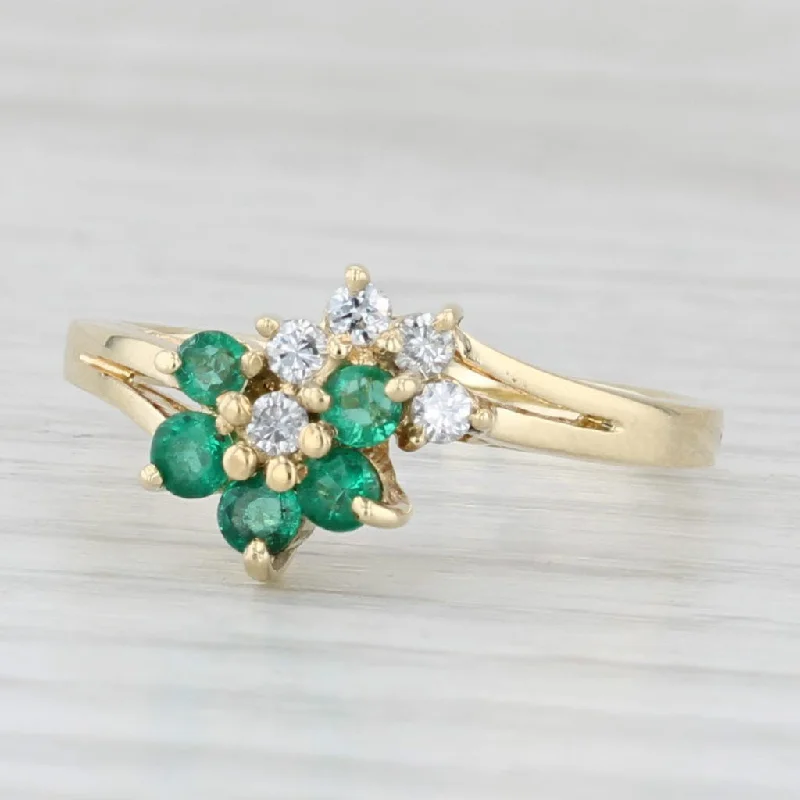 flower-shaped engagement rings for women-0.35ctw Emerald Diamond Flower Ring 14k Yellow Gold Size 6.75 Bypass