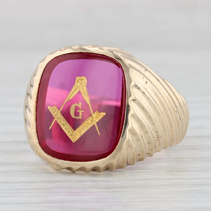 cathedral engagement rings for women-Lab Created Ruby Masonic Signet Ring 10k Yellow Gold Square Compass Blue Lodge