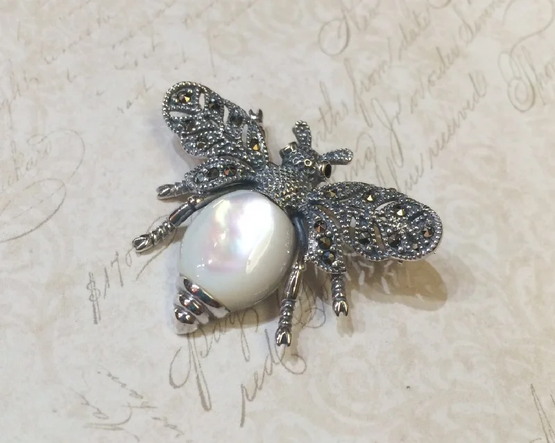 modern brooches for women-Bee Mother of Pearl Brooch Silver Marcasite