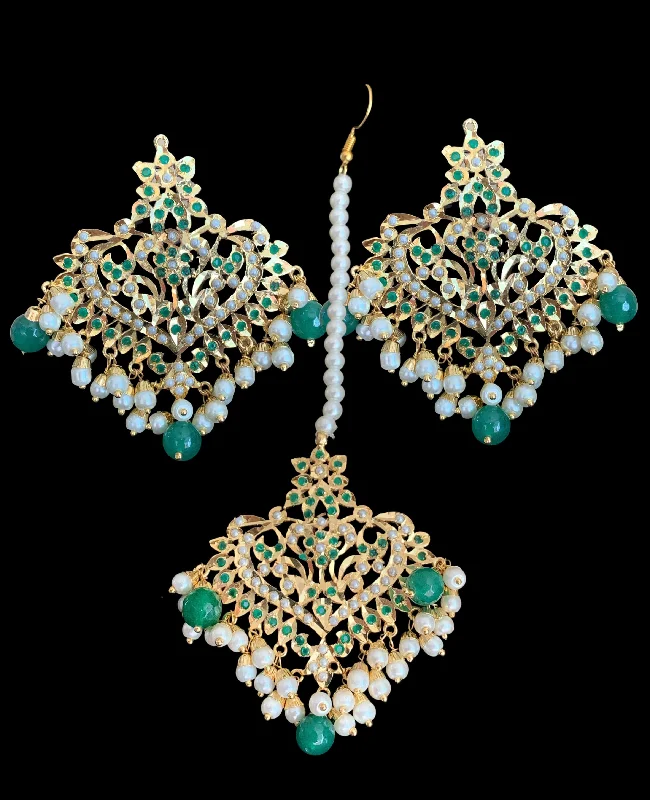 adjustable gold earrings for women-DJET101 Afreen emerald earrings tika ( READY TO SHIP )