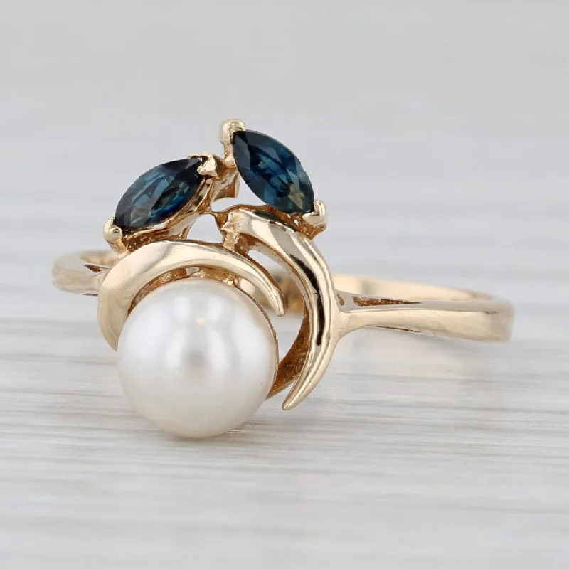 modern diamond engagement rings for women-Cultured Pearl 0.20ctw Blue Sapphire Flower Ring 14k Yellow Gold Size 5