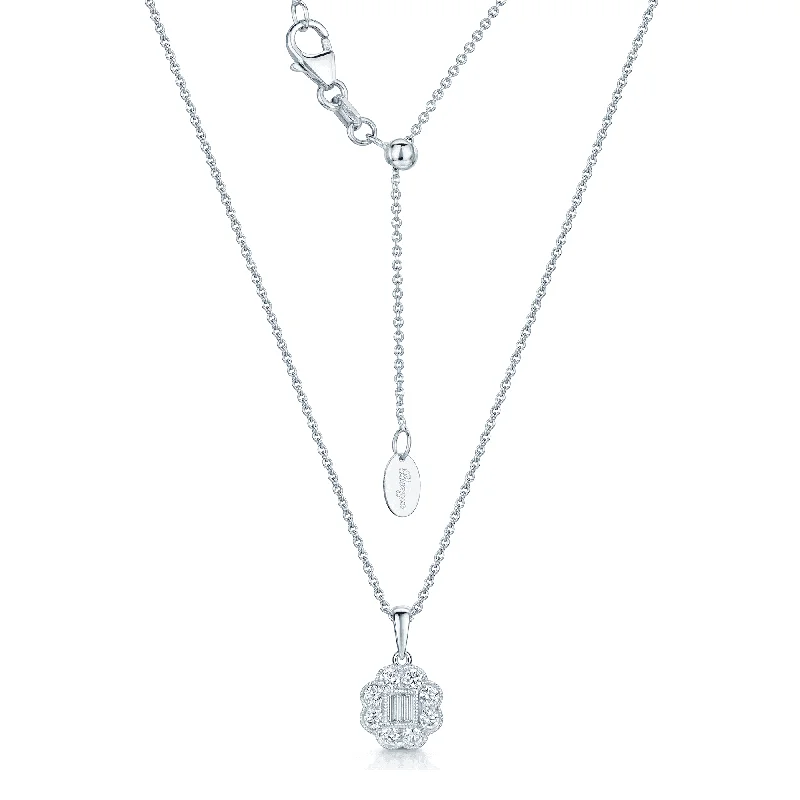 symbolic necklaces for women-18ct White Gold Round Brilliant And Baguette Cut Diamond Flower Cluster Pendant With A Milgrain Edge