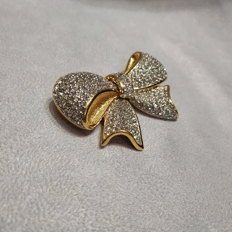 sparkling brooches for women-Vintage Swarovski bow brooch crystal gold plated