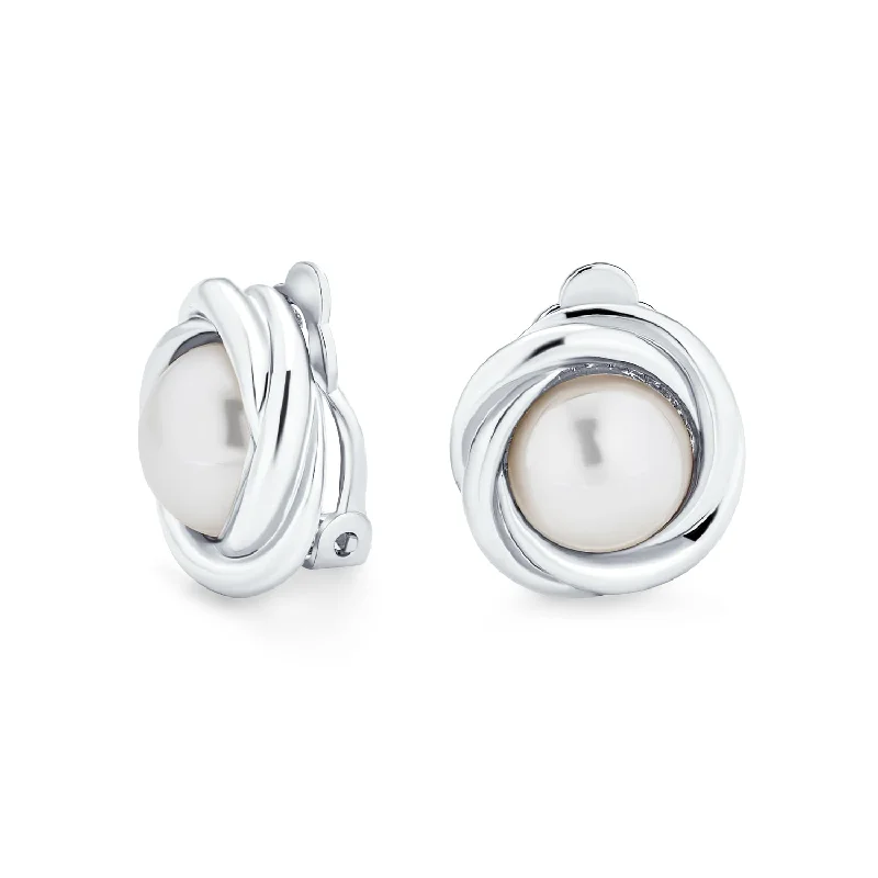 fashion earrings for women-Twist Braided Rope Clip-On Earrings with Simulated Pearl in Gold or Silver Plated