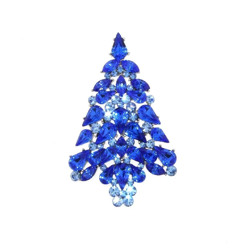 ornate brooches for women-Christmas Tree Brooch Blue  Crystal