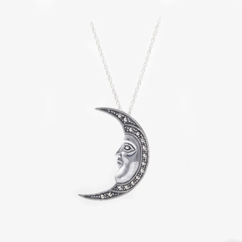 handmade brooches for women-Sterling Silver Marcasite Moon Face Brooch/ Pendant