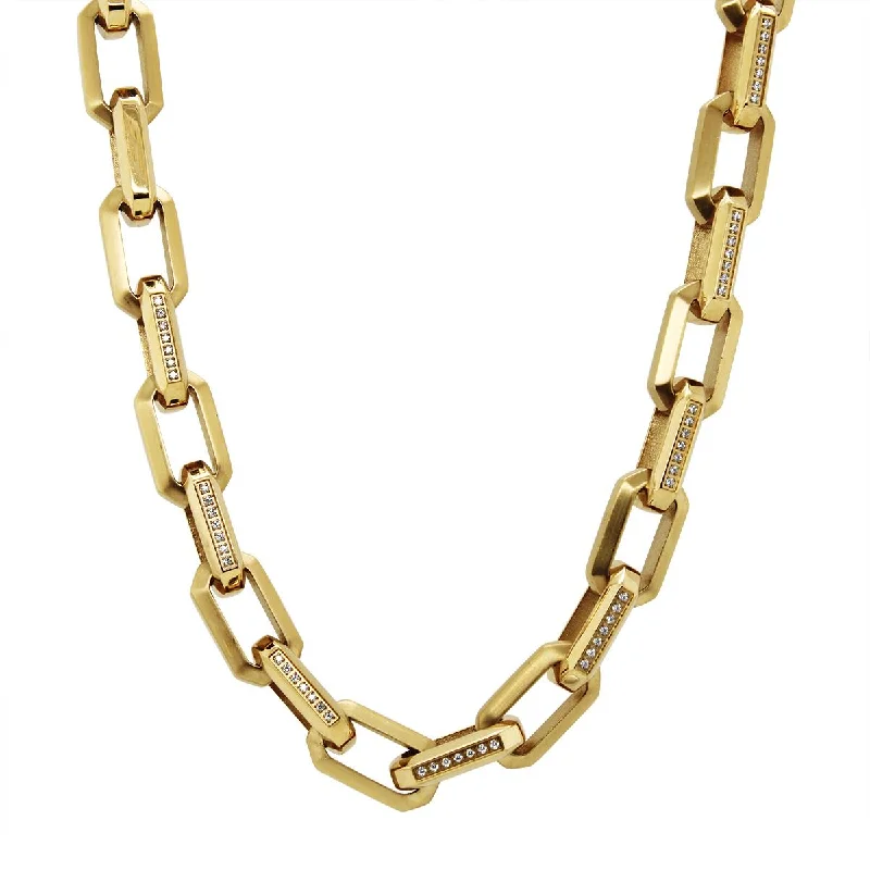 delicate necklaces for women-GOLD STAINLESS STEEL RECTANGLE CHAIN WITH CUBIC ZIRCONIA