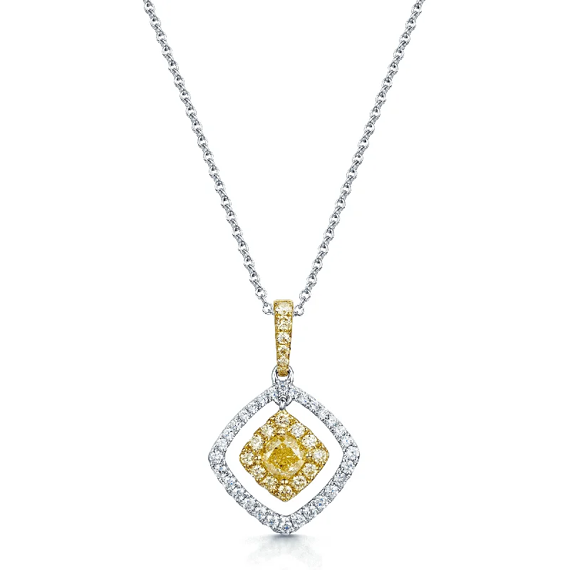 short necklaces for women-18ct White Gold Yellow Diamond And Diamond Fancy Off Set Cushion Shape Pendant