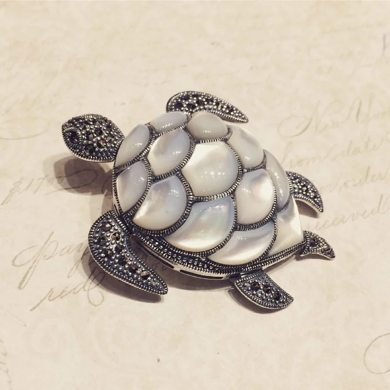 romantic brooches for women-Mother of Pearl Turtle Brooch silver Marcasite