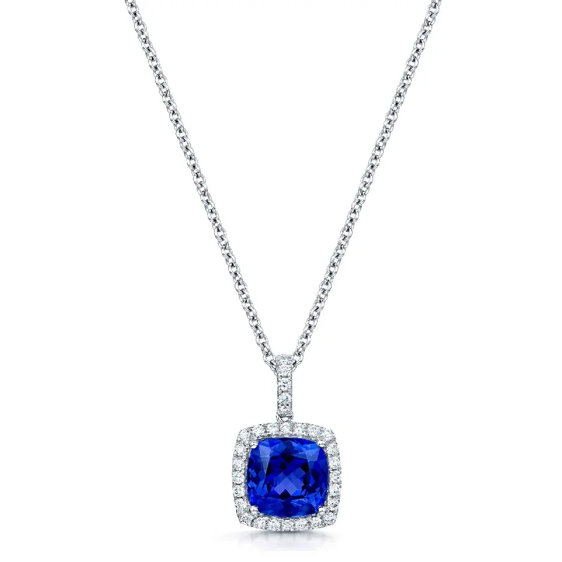 butterfly necklaces for women-18ct White Gold Cushion Cut Tanzanite And Diamond Halo Pendant With A Diamond Bale