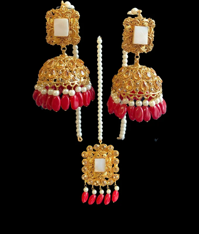 hoop gold earrings for women-DJET20 Gold plated jhumka earrings and tika set ( READY TO SHIP )