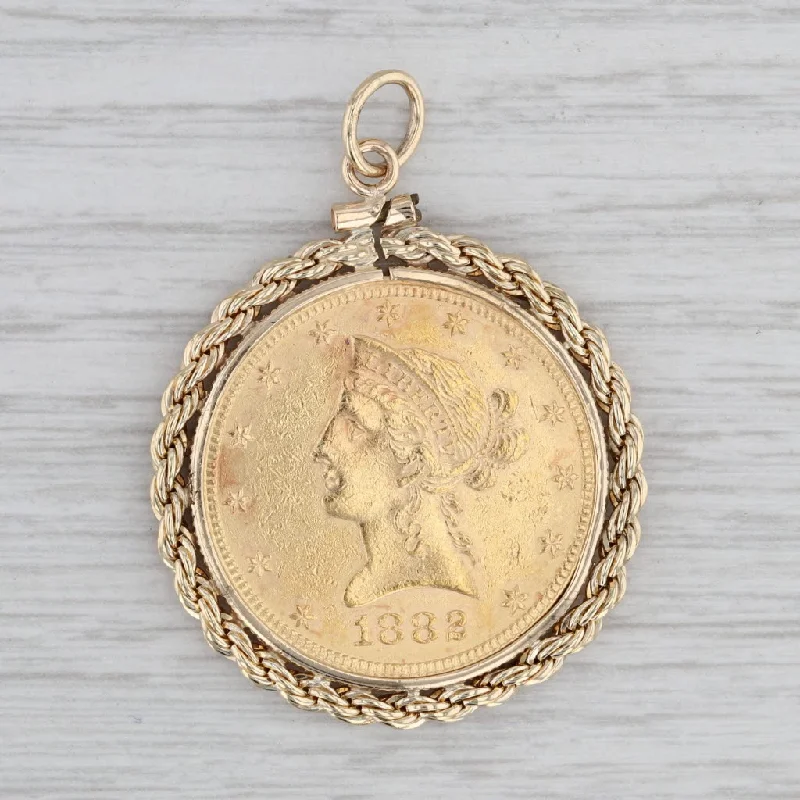 alternative engagement rings for women-Authentic 1882 Liberty Coin Pendant 22k Coin 14k Bezel 10 Dollar Medallion Charm