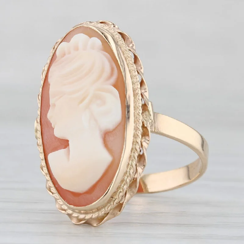 minimalistic engagement rings for women-Carved Shell Cameo Ring 14k Yellow Gold Size 6 Vintage Figural Female Bust