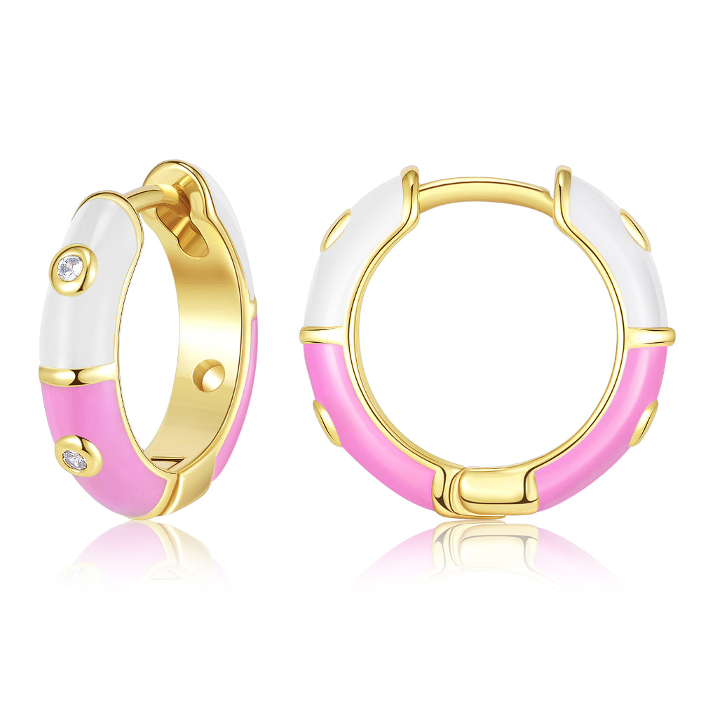 stud earrings for women-Dainty Dual-color Enamel Small Hoop Colorful Cute Huggie Earrings with White-Pink Color