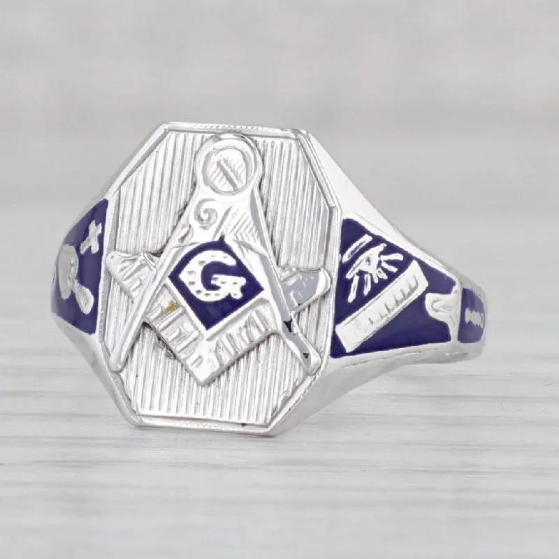 custom engagement rings with gemstones for women-Vintage Masonic Blue Lodge Signet Ring 10k Gold Enamel Square Compass Size 10