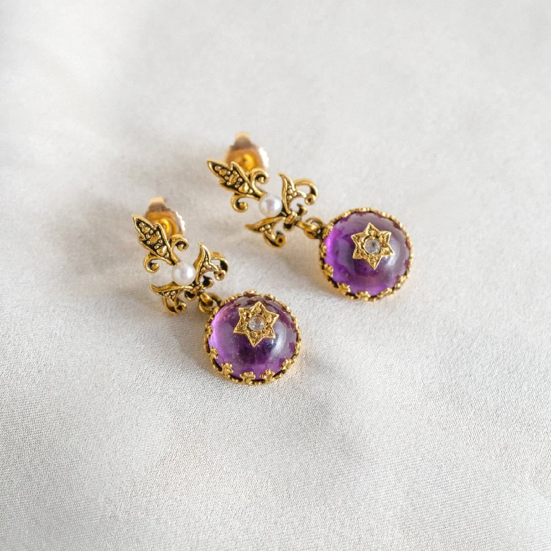 gemstone earrings for women-Antique 14k Amethyst Diamond Star Drop Earrings