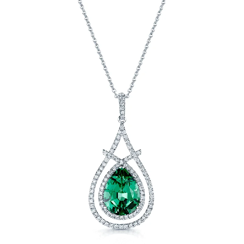 anniversary necklaces for women-18ct White Gold Pear Shape Nambian Lagoon Green Tourmaline and Diamond Double Halo Pendant