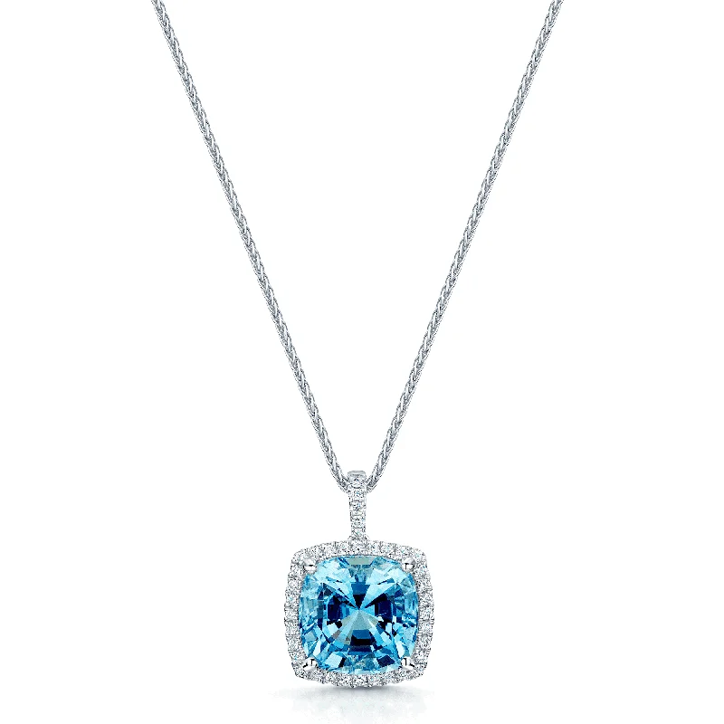 silver necklaces for women-18ct White Gold Cushion Shape Aquamarine & Diamond Cluster Pendant With Diamond Bale