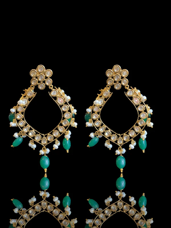 pearl drop earrings for women-DER110 Elara polki earrings in fresh water pearls- green   ( READY TO SHIP )